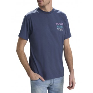 T-SHIRT REPLAY BLU IN COTONE STAMPATO - 