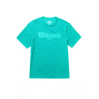 T-SHIRT BLAUER CON LOGO IN TONO TURCHESE