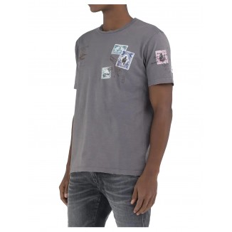 CAMISETA GRIS REPLAY ESTAMPADO DE SELLOS